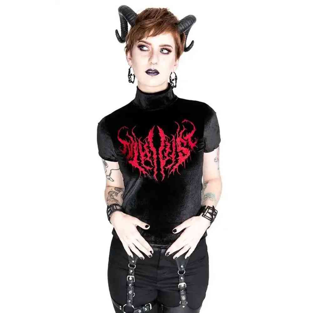 Restyle - Nihilist Velvet Embroidered Top - Black